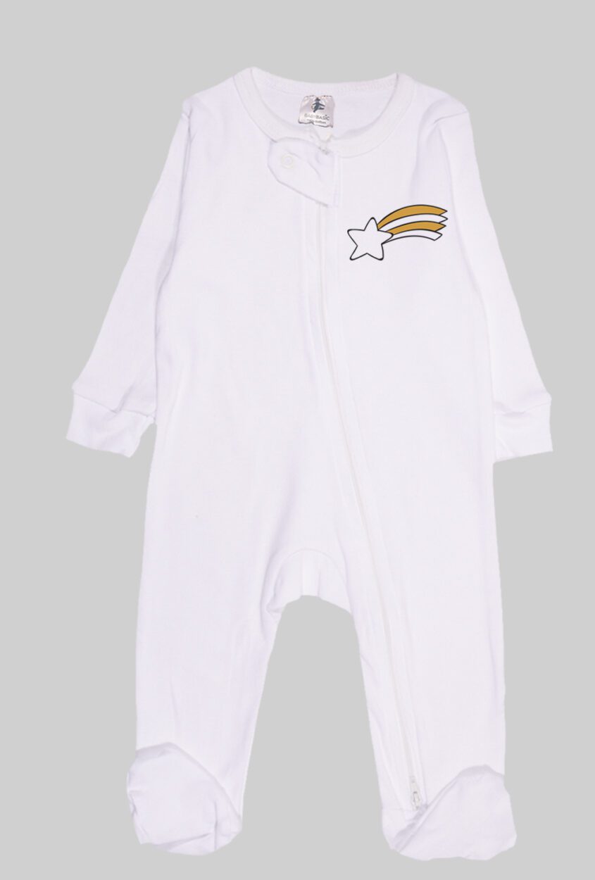 Flannel Zipsuit - White Solid - Shooting Star (0-12 Months)