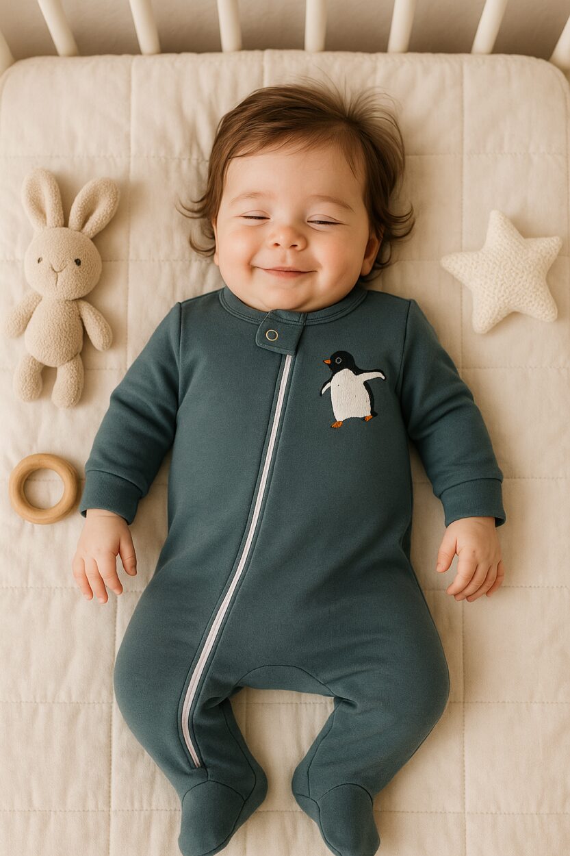 Baby Flannel Double Zip Romper - Blue - Penguin (0-3M)