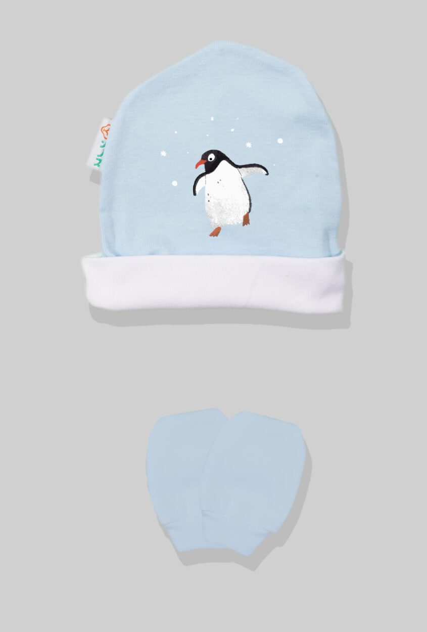 Baby Hat & Mittens - Light Blue - Penguin