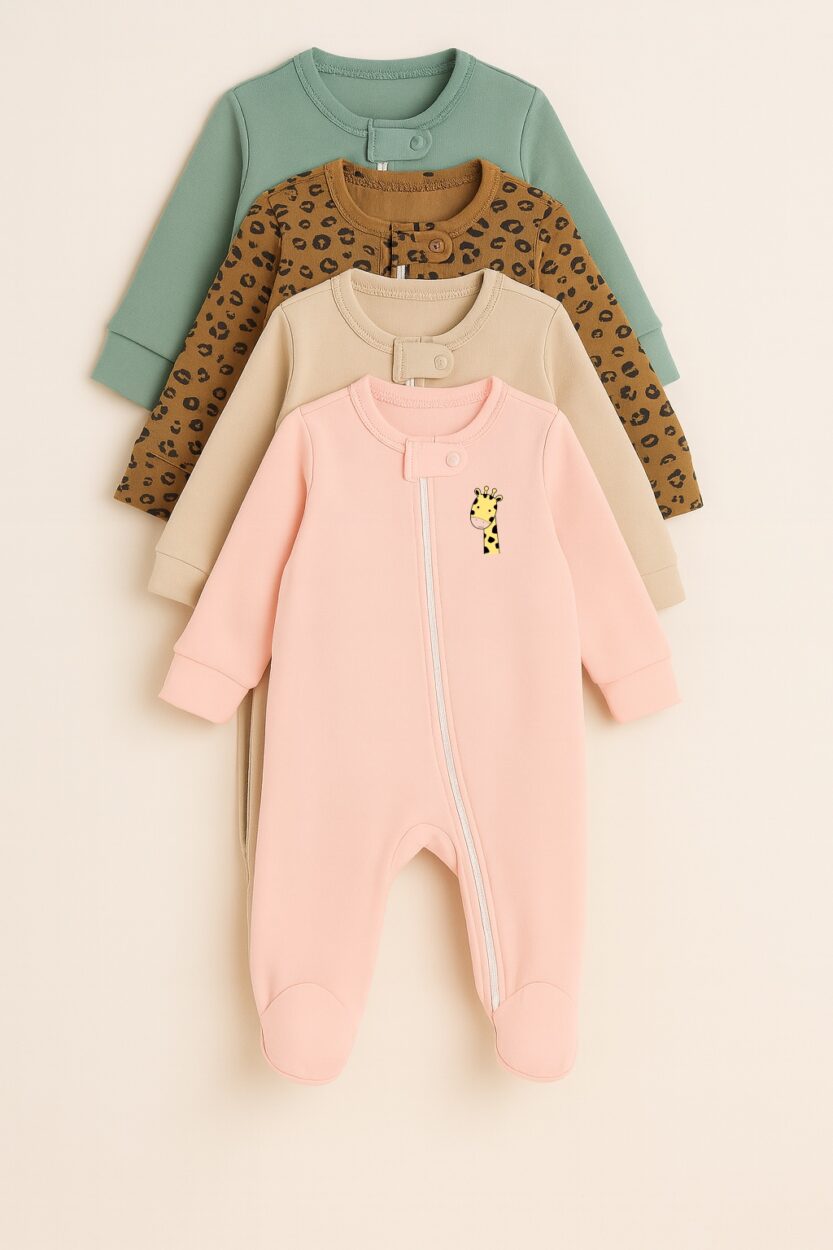 Set of 4 - Double-Zip Flannel Zipsuits - Giraffe Leopard & Solid | Mixed Sizes