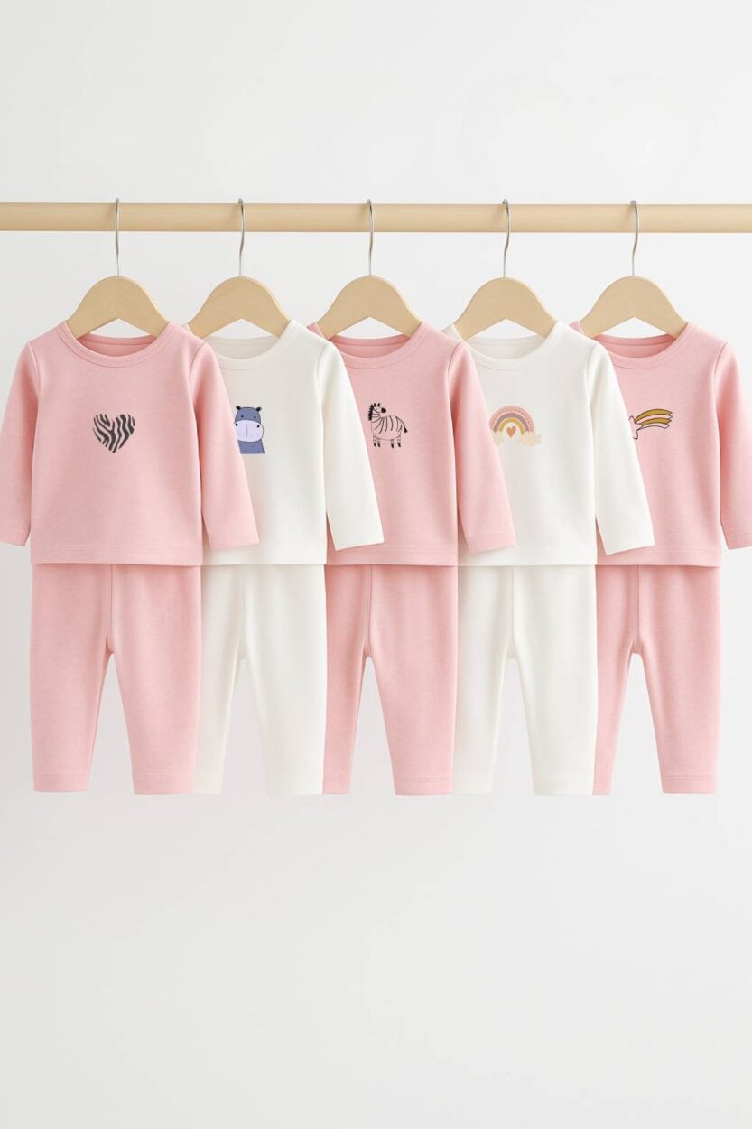 Set of 5 - Long Sleeve Flannel Sleepsuits - Shooting Star | Rainbow | Zebra | Hippo | Heart (1-2.5 Years)