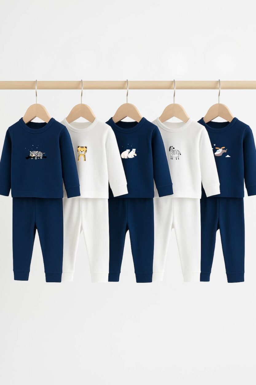 Set of 5 - Long Sleeve Flannel Sleepsuits - Helicopter | Zebra | Polar Bear | Cheetah | Leopard (1-2.5 Years)