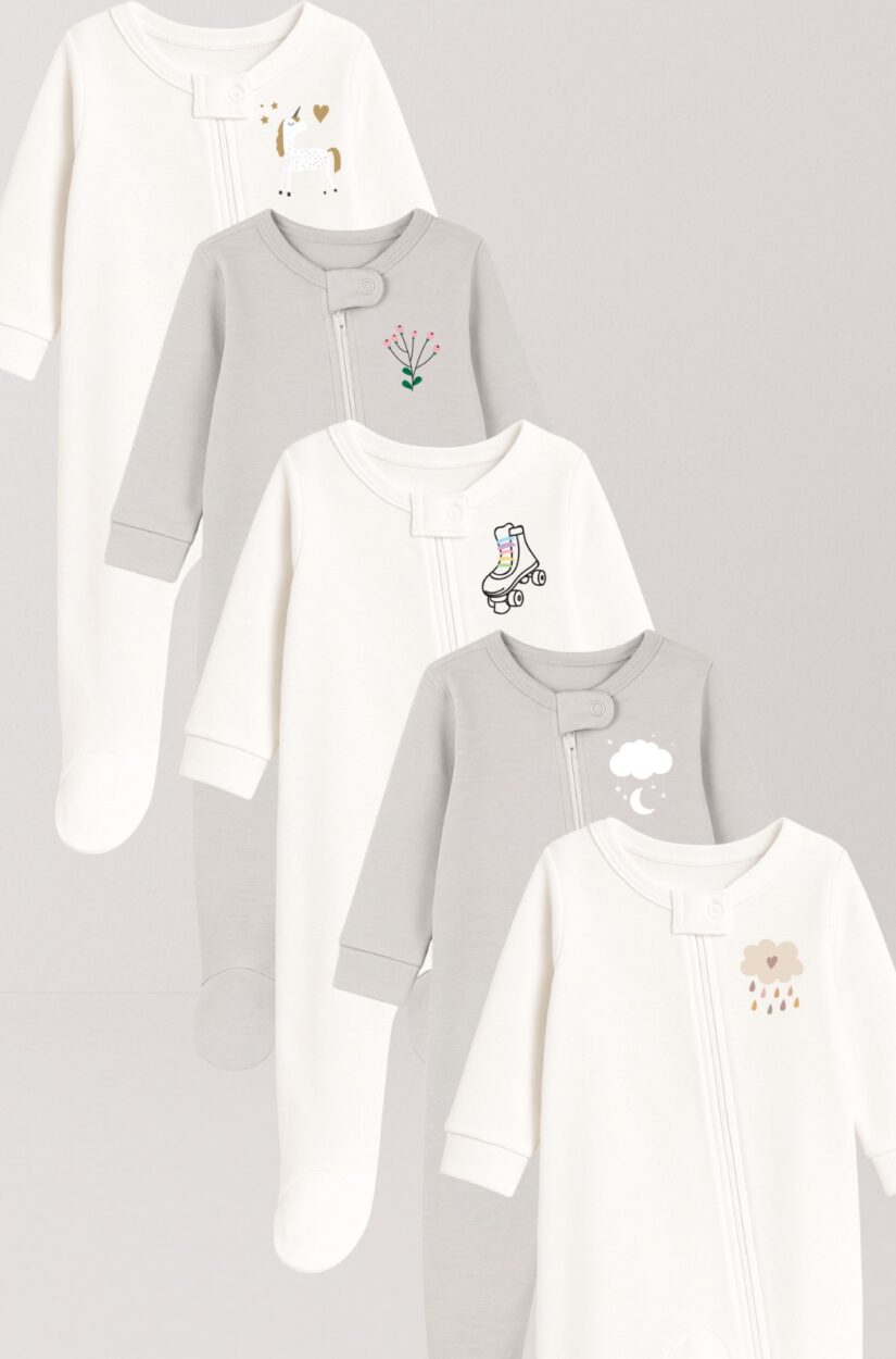 Set of 5 - Double-Zip Flannel Zipsuits | Rain | Cloud | Roller Blades | Flower | Unicorn (0-12 Months)