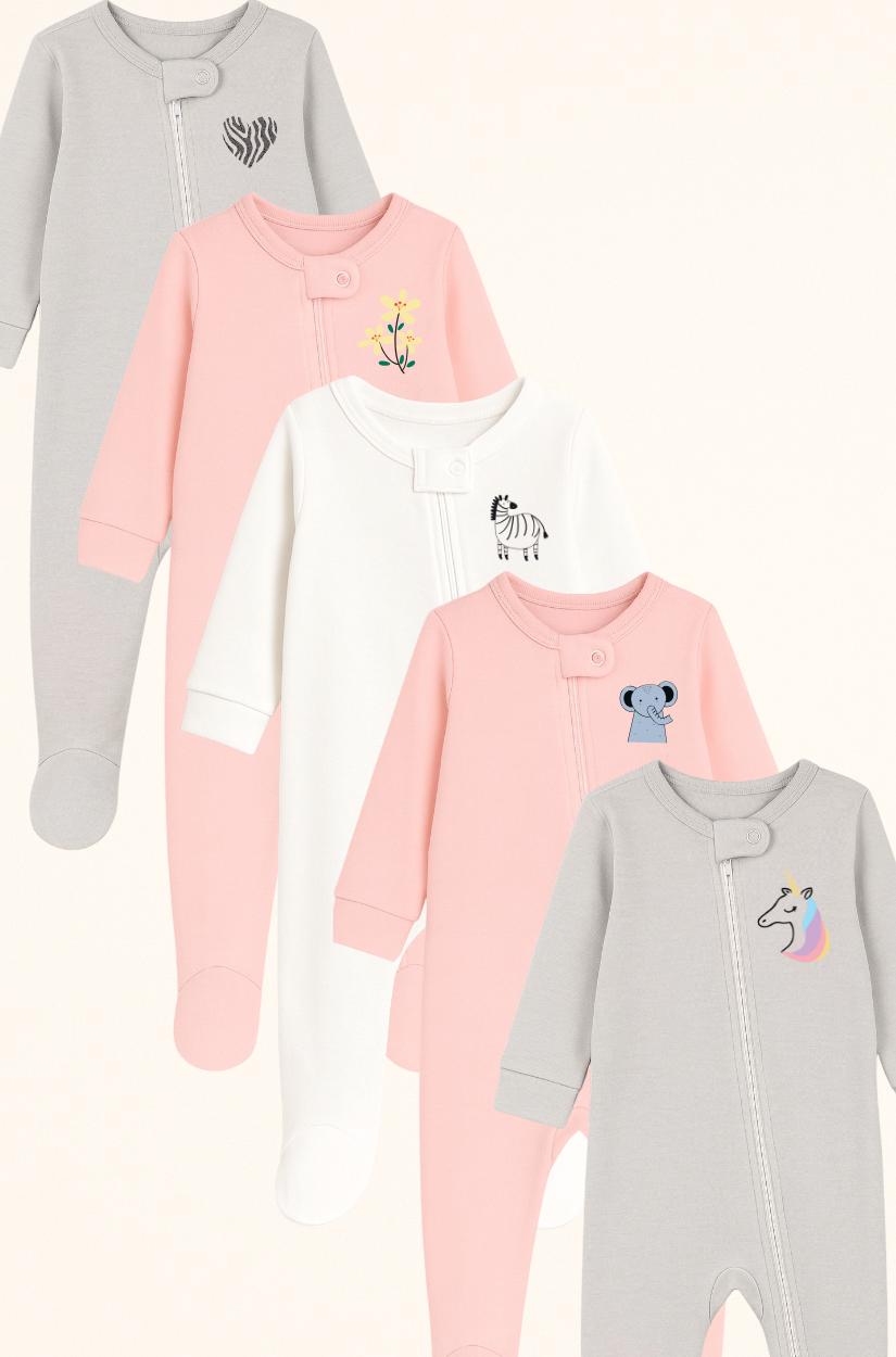 5-Pack Double Zip Flannel/Jersey Rompers | Unicorn | Elephant | Zebra | Flower | Heart (0-3M)