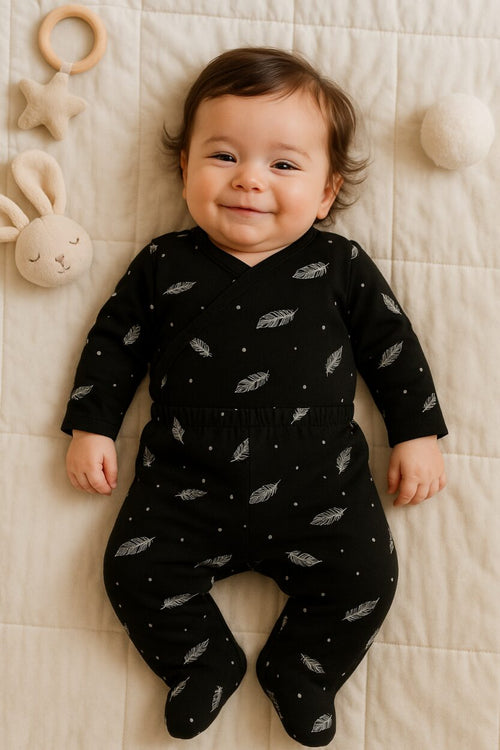 Envelope Bodysuit & Footie Set Flannel - Black Feathers (0-3M)
