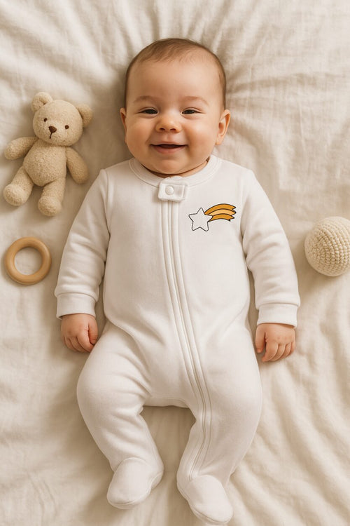 Baby Jersey/Flannel Double Zip Romper - Plain White - Shooting Star (0-3M)