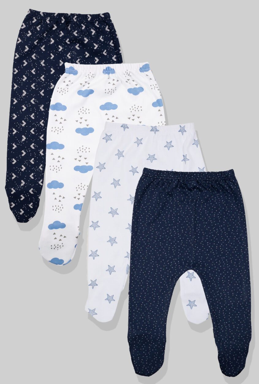 4-Pack Flannel Footies - Dots Stars Clouds Triangles (0-3M)