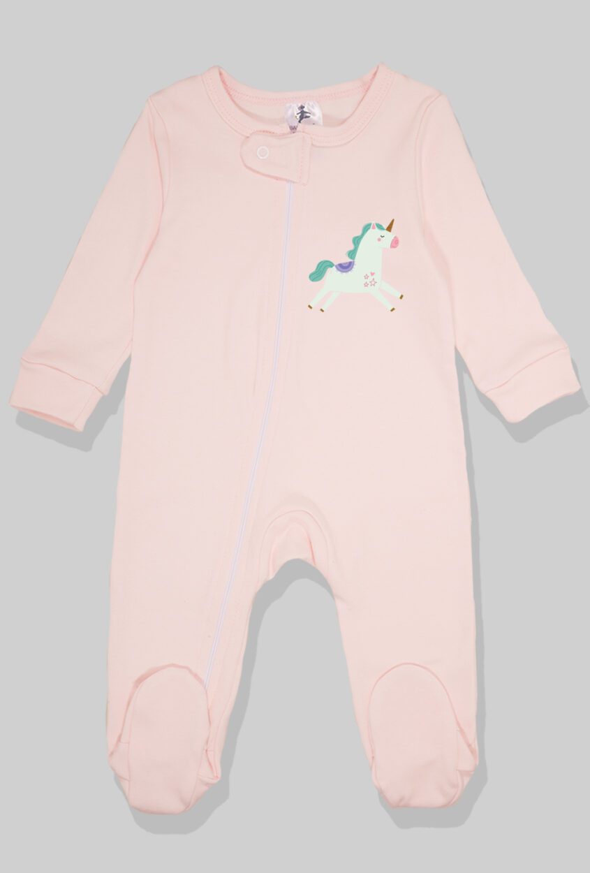 Flannel Double Zip Romper - Light Pink with Unicorn Print (0-24M)
