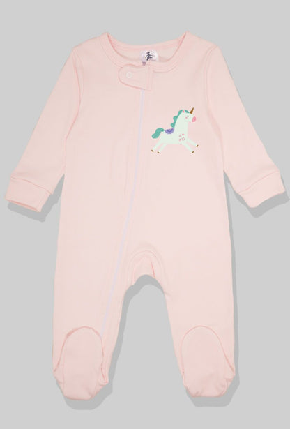 Flannel Double Zip Romper - Light Pink with Unicorn Print (0-24M)