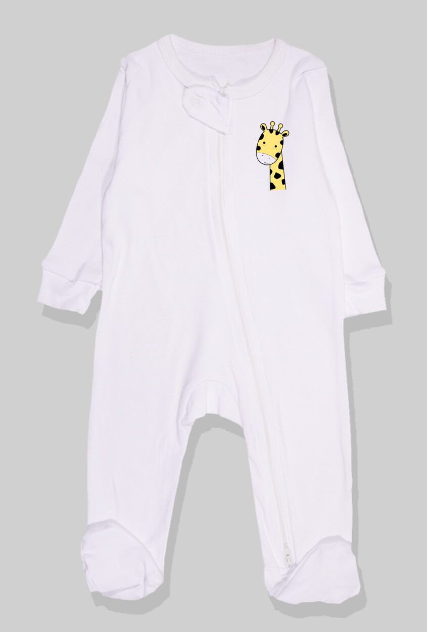 Flannel Zipsuit - White Solid - Giraffe (0-12 Months)
