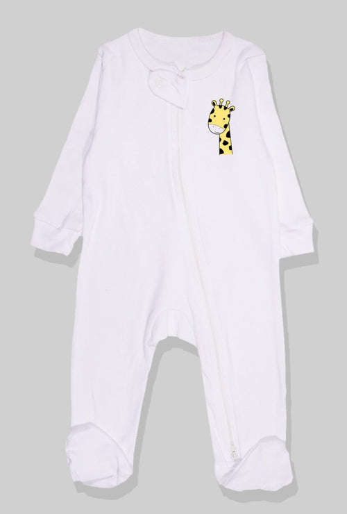 Flannel Zipsuit - White Solid - Giraffe (0-12 Months)