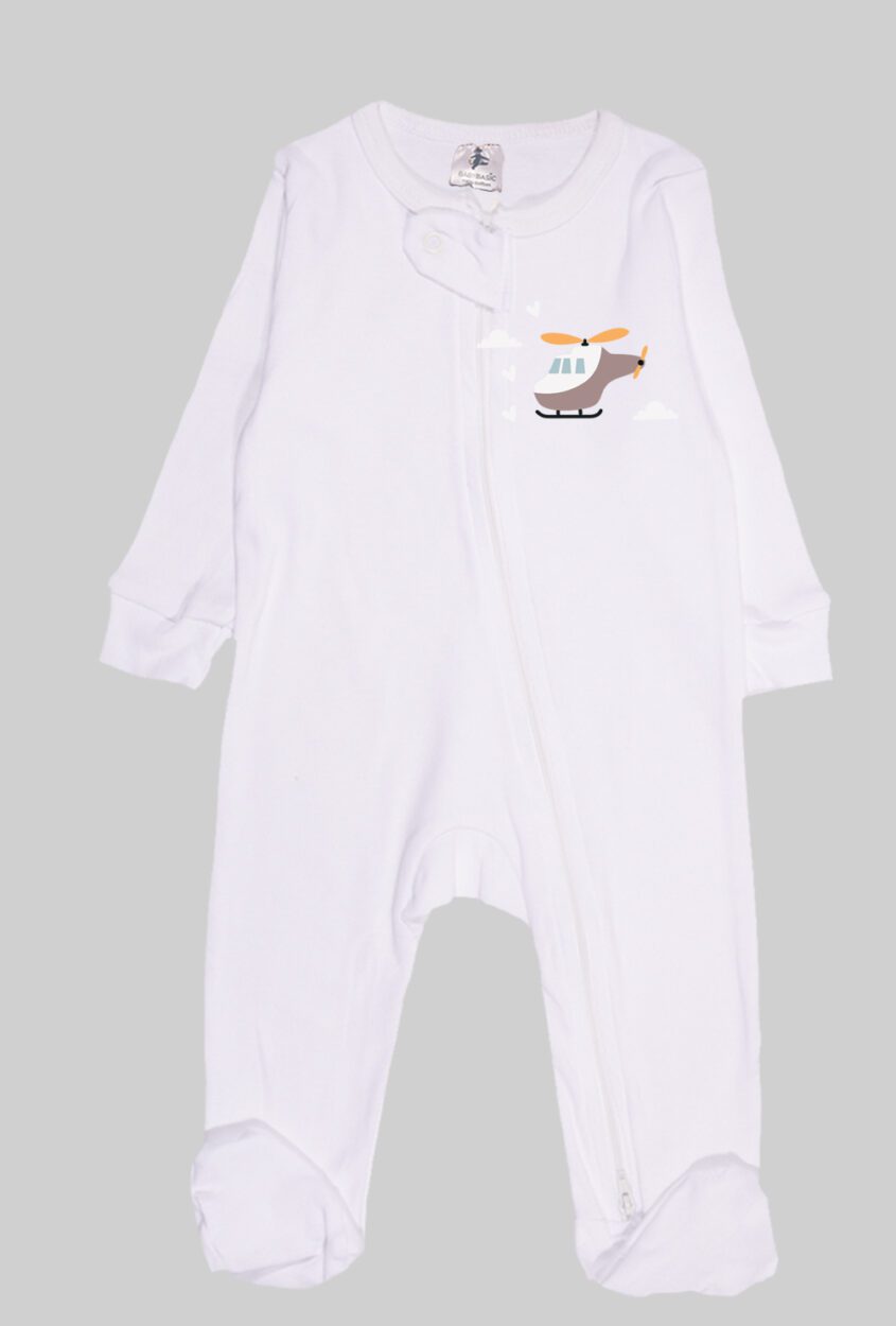 Flannel Zipsuit - White Solid - Helicopter (0-12 Months)
