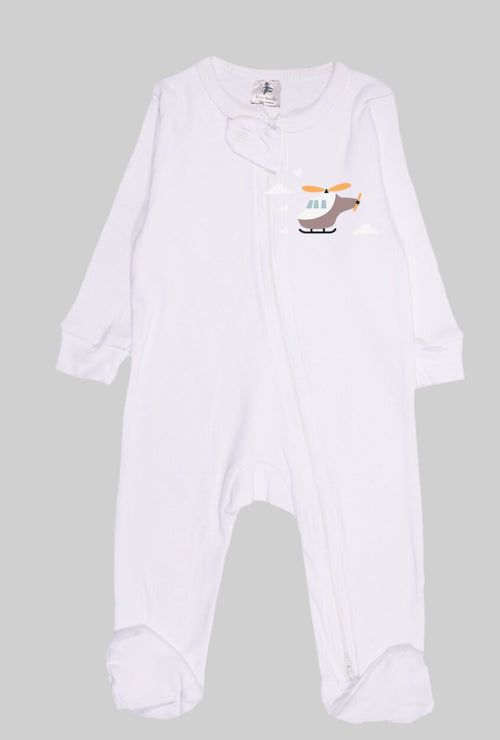 Flannel Zipsuit - White Solid - Helicopter (0-12 Months)