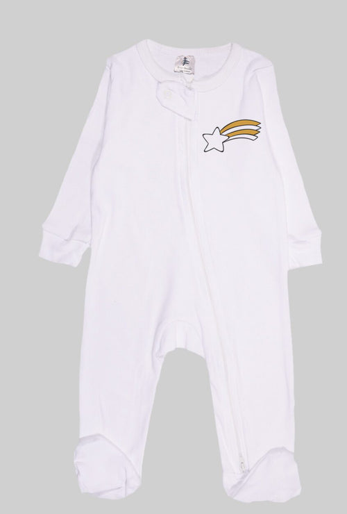 Flannel Zipsuit - White Solid - Shooting Star (0-12 Months)