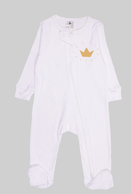 Flannel Zipsuit - White Solid - Crown (0-12 Months)