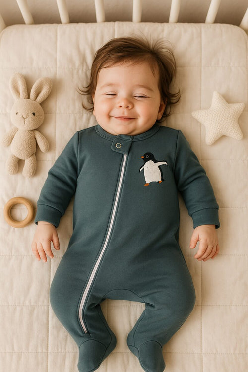 Baby Flannel Double Zip Romper - Blue - Penguin (0-3M)