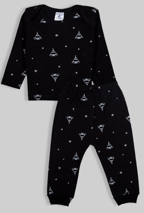 Long Sleeve Flannel Sleepsuit - Tents - Black (3 Months - 2.5 Years)