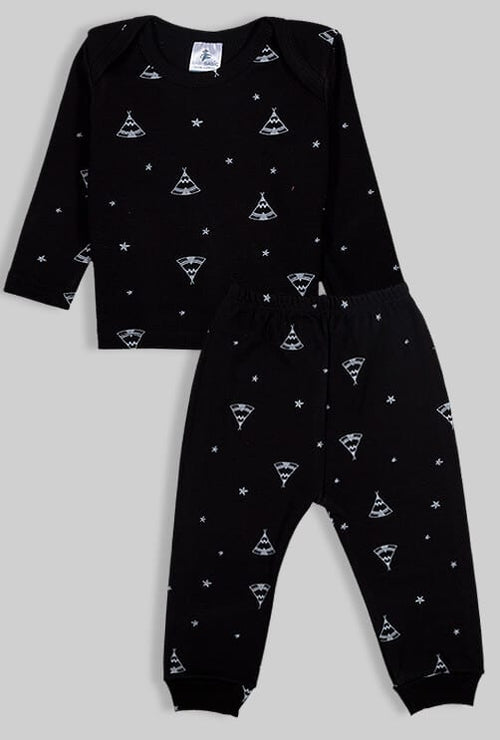 Long Sleeve Flannel Sleepsuit - Tents - Black (3 Months - 2.5 Years)
