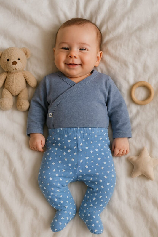 Envelope Bodysuit & Footie Set Flannel - Light Blue - Stars & Plain (0-3M)