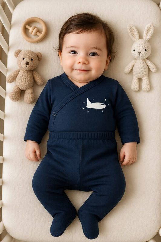 Envelope Bodysuit & Footie Set Flannel - Blue - Spaceship (0-3M)