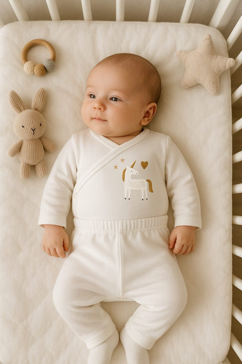 Envelope Bodysuit & Footie Set Flannel/Jersey - White - Unicorn (0-3M)