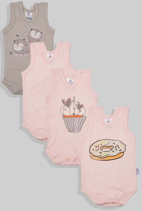 Set of 4 - Tank Bodysuits - Donuts Cupcakes Solid & Birds (3 Months - 2 Years)