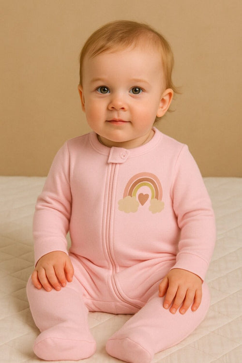 Flannel Double Zip Romper - Plain Light Pink - Rainbow (0-12M)