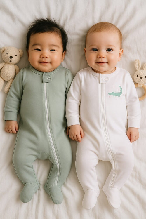 Set of 2 - Double-Zip Flannel Zipsuits | Crocodile | Green Solid (0 Up to 1 Year)