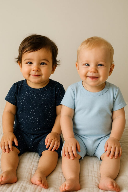 Set of 2 - Short Zipsuits - Dots Solid - Sky Blue (3-24 Months)