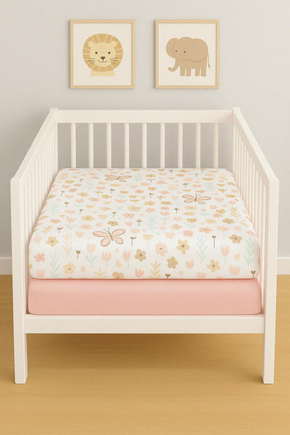 2-Pack Fitted Sheets - Plain Pink & Butterflies - Cot / Toddler Bed | Cradle