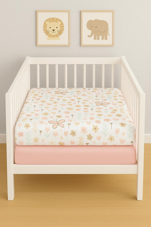 2-Pack Fitted Sheets - Plain Pink & Butterflies - Cot / Toddler Bed | Cradle