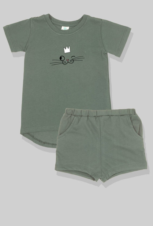 Nursery Set - Top & Pants - Winking Cat - Green (2-5 Years)