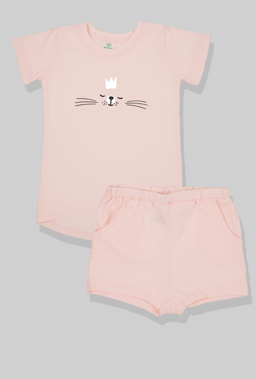 Nursery Set - Top & Pants - Cat with Crown - Light Pink (2-5 Years)