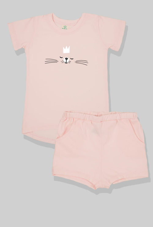 Nursery Set - Top & Pants - Cat with Crown - Light Pink (2-5 Years)