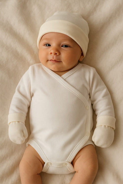 Baby Mittens & Hat - Plain Cream (0-6M)