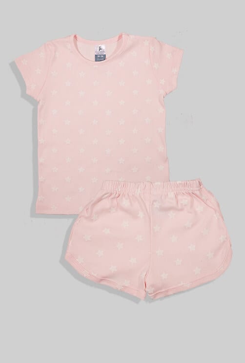 Short Sleepsuit Set - Pants & Top - Light Pink - Stars (1-4 Years)