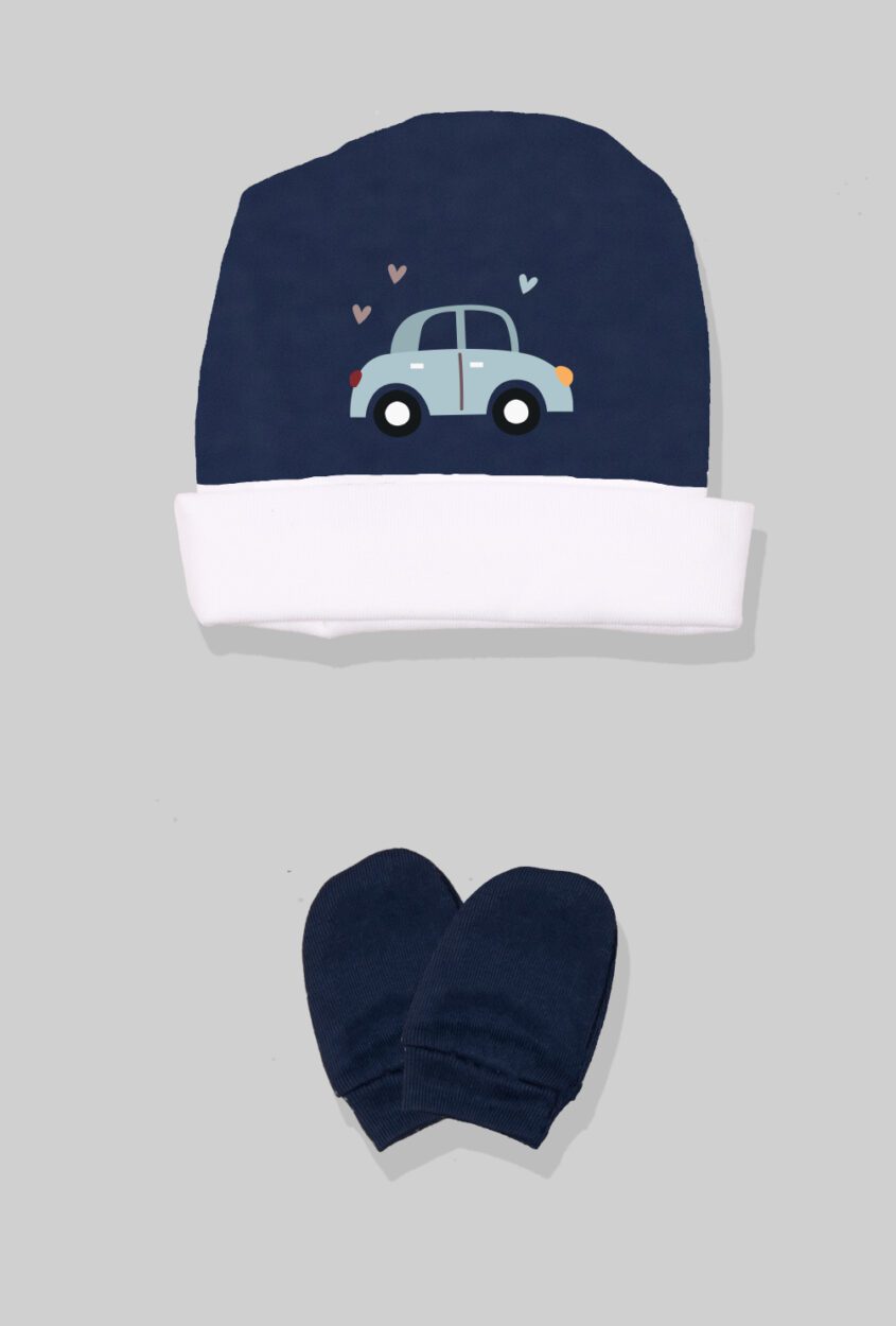 Baby Hat & Mittens - Blue - Car
