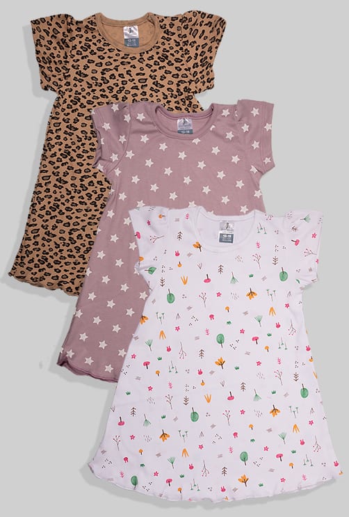 Set of 3 - Short Sleeve Nightgowns - Forest Stars Leopard (1-5 Years)