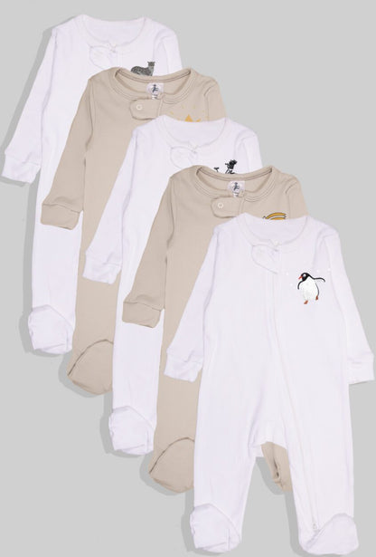 Set of 5 - Double-Zip Flannel Zipsuits | Penguin | Shooting Star | Bicycle | Crown | Cheetah (0-12 Months)