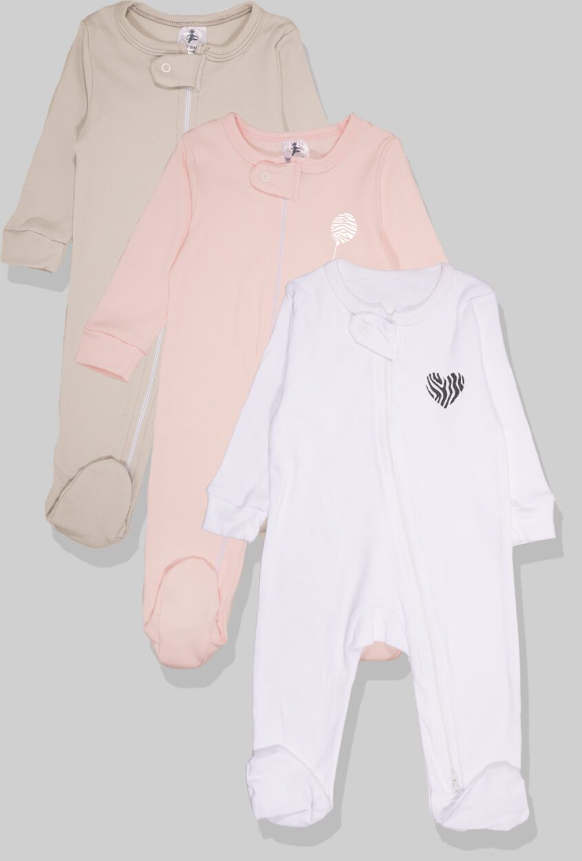 Set of 3 - Double-Zip Flannel Zipsuits - Heart | Balloon | Solid (0-12 Months)
