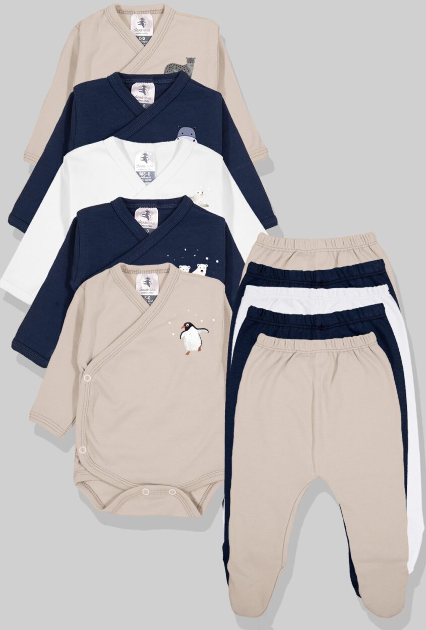 5-Pack Sets - Envelope Bodysuit & Footie Flannel/Jersey | Penguin | Polar Bear | Helicopter | Hippo | Cheetah (0-3M)