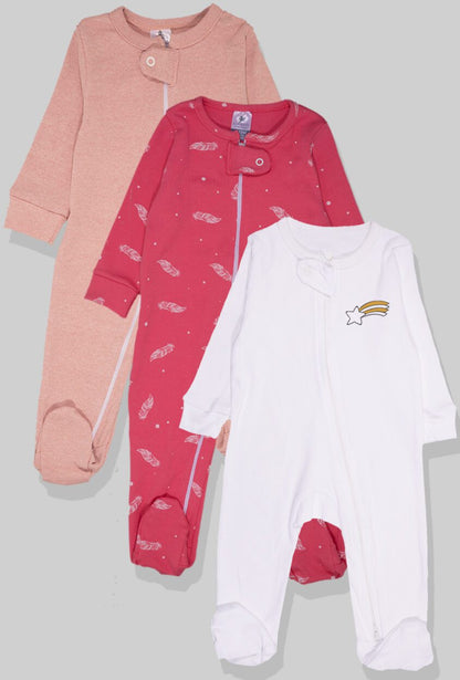 Set of 3 - Double-Zip Flannel Zipsuits - Shooting Star | Feathers | Solid (0-12 Months)