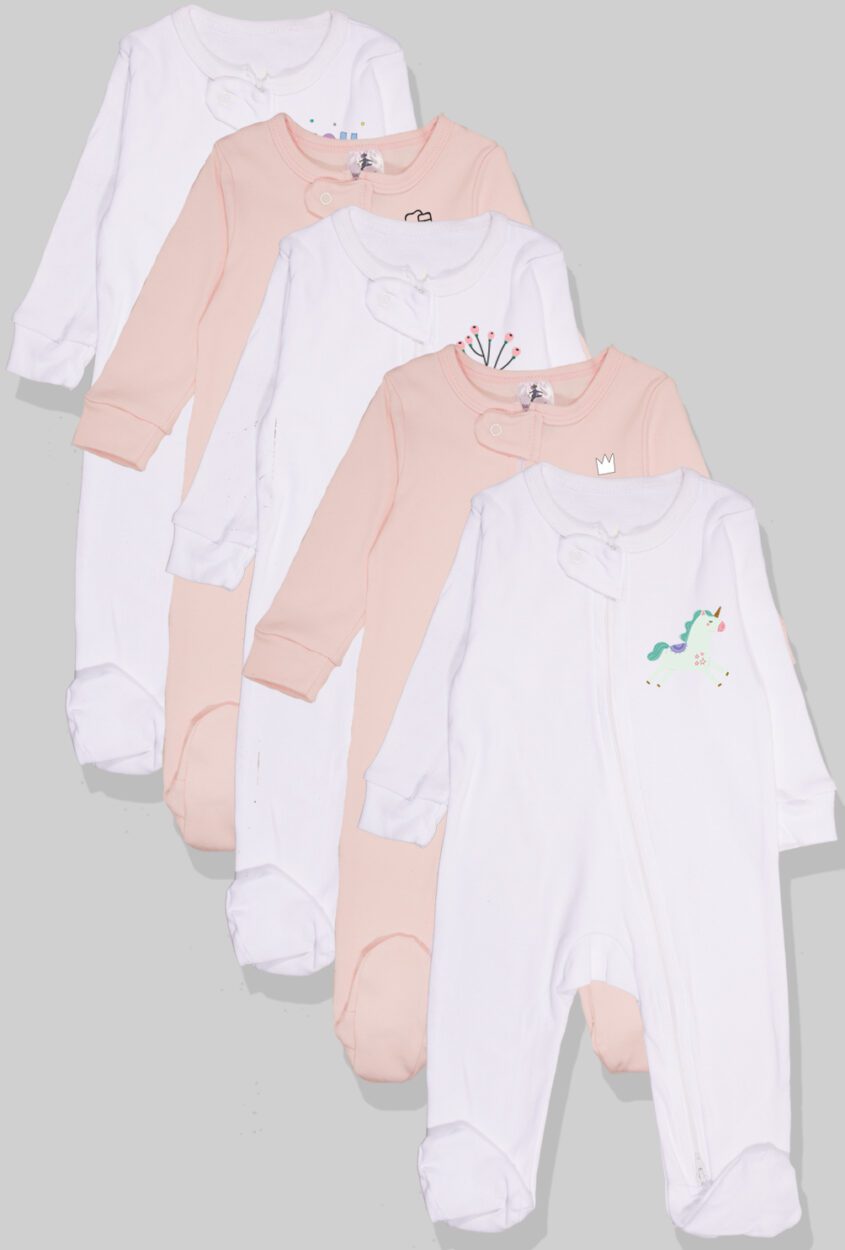 Set of 5 - Double-Zip Flannel Zipsuits | Unicorn | Rainbow | Flower | Roller Blades | Love (0-12 Months)
