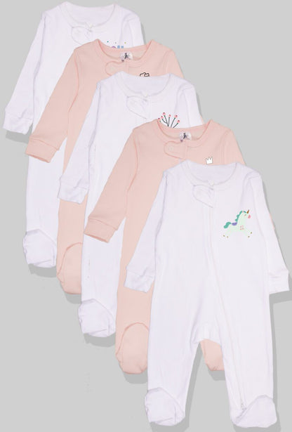 Set of 5 - Double-Zip Flannel Zipsuits | Unicorn | Rainbow | Flower | Roller Blades | Love (0-12 Months)