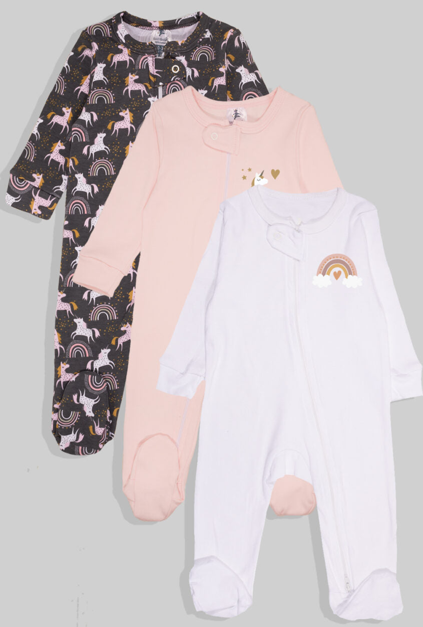 3-Pack Double Zip Jersey Rompers - Rainbow & Unicorns (0-3M)