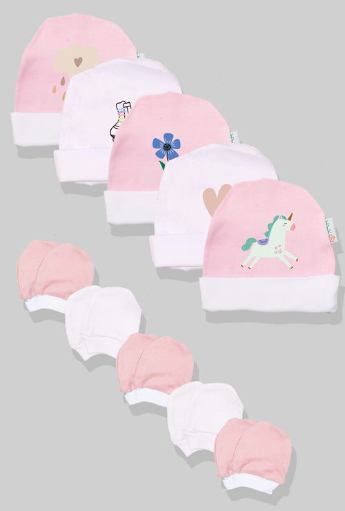 5-Pack Hat & Mittens Sets | Unicorn | Heart | Flower | Wheels | Cloud & Rain (0-1Y)