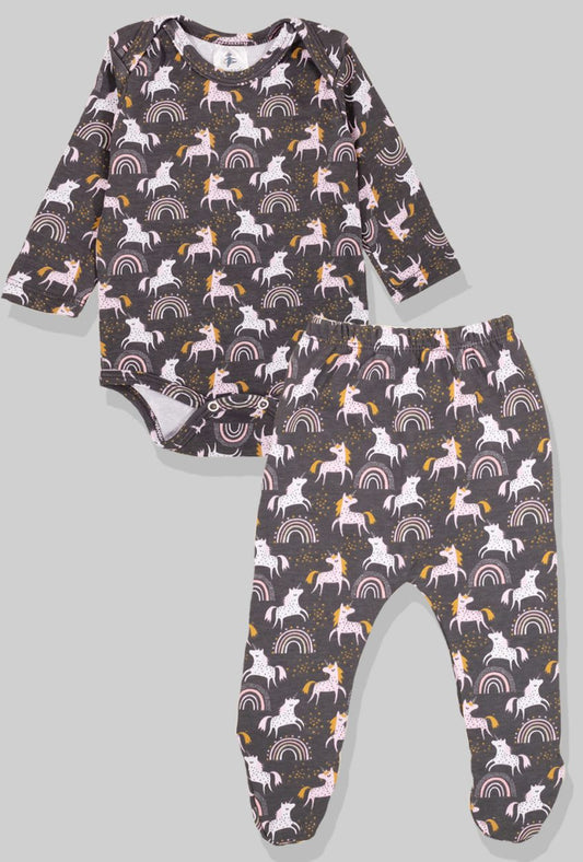 Footie Set/Pants Open & Bodysuit Flannel - Unicorn (0-2 Years)