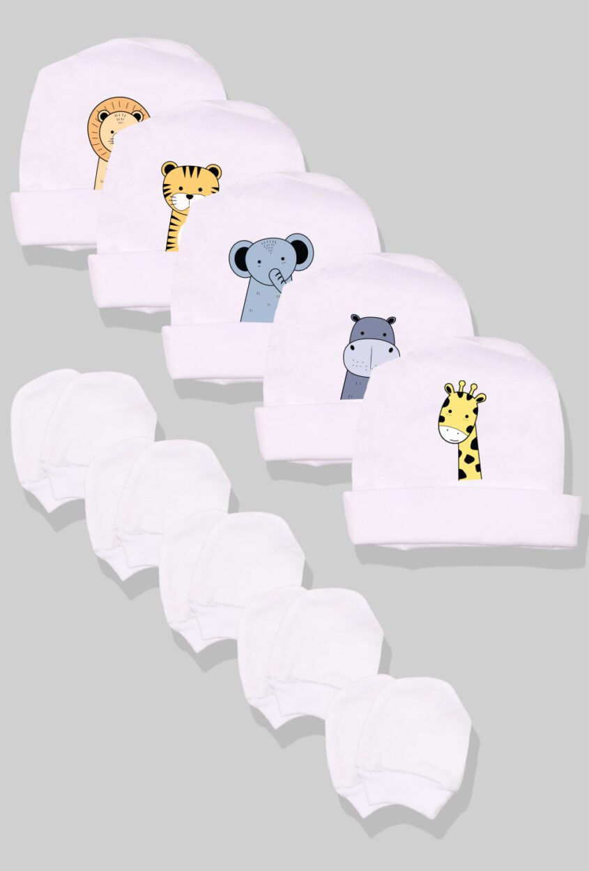 5-Pack Hat & Mittens Sets | Giraffe | Hippo | Elephant | Cheetah | Lion (0-1Y)