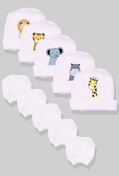 5-Pack Hat & Mittens Sets | Giraffe | Hippo | Elephant | Cheetah | Lion (0-1Y)