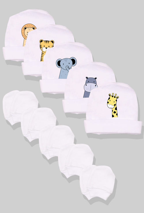 5-Pack Hat & Mittens Sets | Giraffe | Hippo | Elephant | Cheetah | Lion (0-1Y)